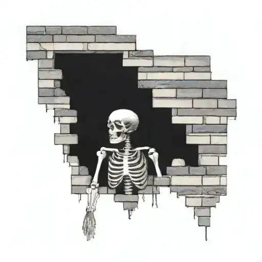 a skeleton hiding and stuck in a brick wall tattoo design idea