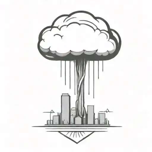 an abstract nuclear explosion mushroom cloud destorying a major city in an abstract black line frame tattoo design idea