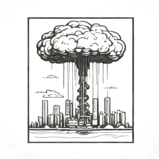 an abstract nuclear explosion mushroom cloud destroying a major city in an abstract black line frame tattoo design idea