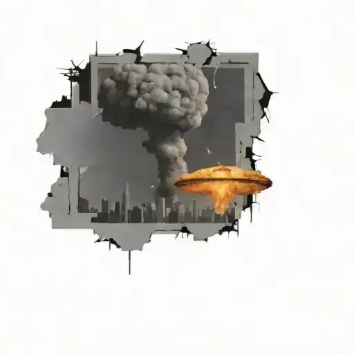 a nuclear explosion mushroom cloud destroying a city in a rectangular picture frame hanging on a wall tattoo design idea