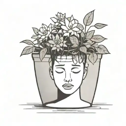 head poking out of a plant pot with soil on top of the head and flowers growing out of it. using thick black lines. tattoo design idea