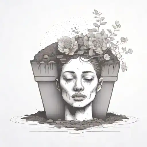 a head poking out of the soil of a muddy grave with soil on top of the head and flowers growing out of the top tattoo design idea