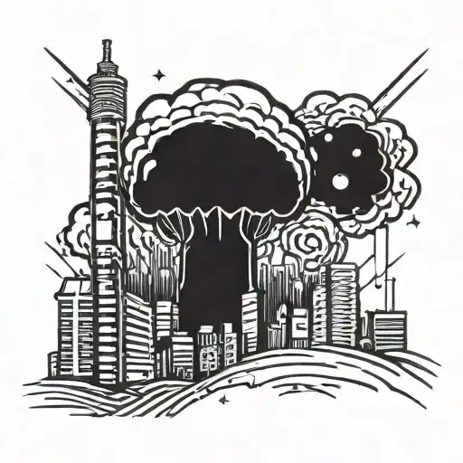 a nuclear explosion mushroom cloud destroying a city using bold black lines and geometric shapes tattoo design idea