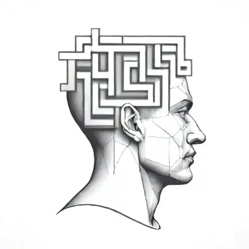 a human head laying back on a pillow with geometric shapes like a maze coming out of the top of his head tattoo design idea