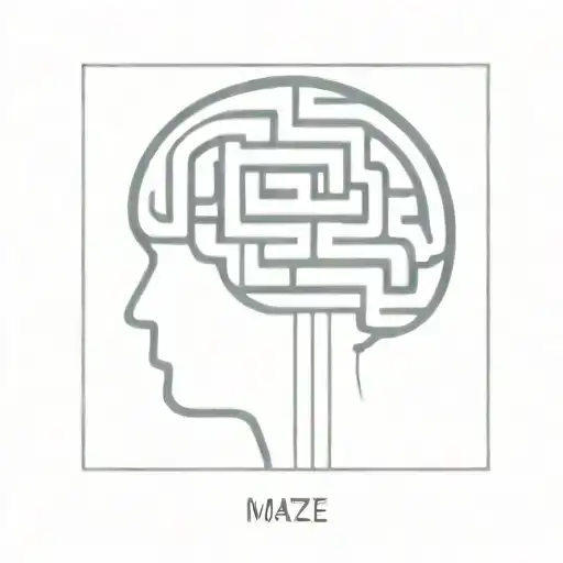 a simple minimalist line drawing of a brain as an elaborate maze in a square frame that connects to the maze tattoo design idea