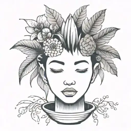 head poking out of a plant pot with soil on top of the head and flowers growing out of it. using thick black lines. tattoo design idea