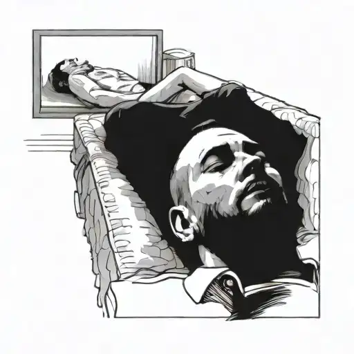 a side on view of a man laying back on a psychotherapist's sofa, staring at the ceiling, having psychoanalyisis tattoo design idea