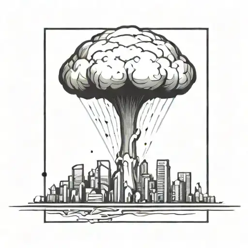 an abstract nuclear explosion mushroom cloud destroying a major city in an abstract black line frame tattoo design idea