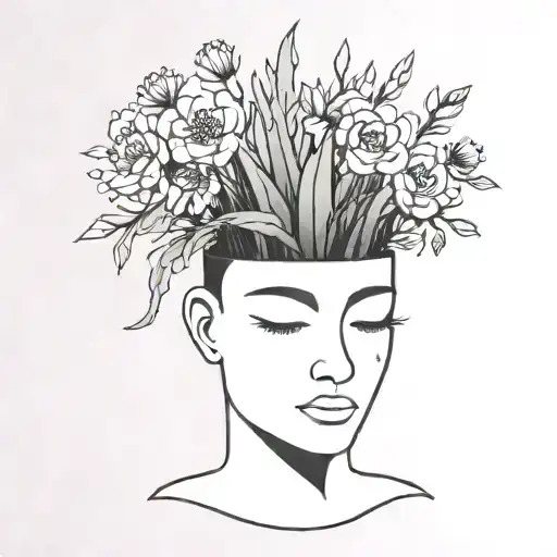 head poking out of a plant pot with soil on top of the head and flowers growing out of it. using thick black lines. tattoo design idea