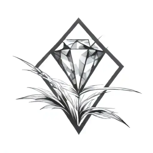 a diamond balancing on top of a single blade of grass using bold black lines in a bold black frame tattoo design idea