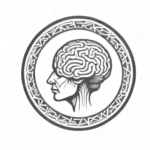 a brain inside a simple thick black line circular frame with geometric patterns shooting from it tattoo design idea