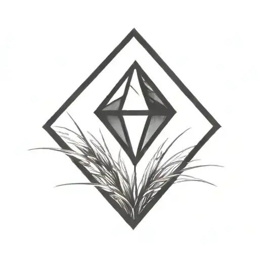 a diamond balancing on top of a single blade of grass using bold black lines in a bold black frame tattoo design idea