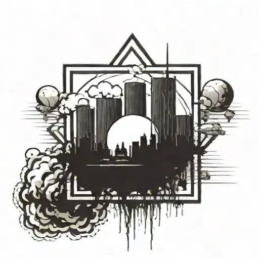 a nuclear explosion mushroom cloud destroying a city in a rectangular picture frame hanging on a wall tattoo design idea