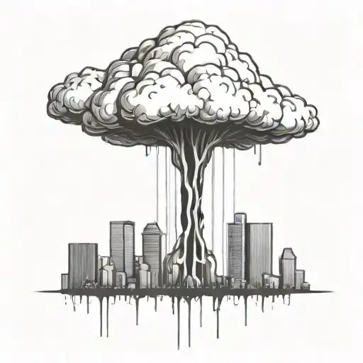 an abstract nuclear explosion mushroom cloud destroying a major city in an abstract black line frame tattoo design idea