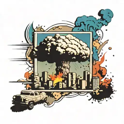 a nuclear explosion mushroom cloud destroying a city in a rectangular picture frame hanging on a wall tattoo design idea
