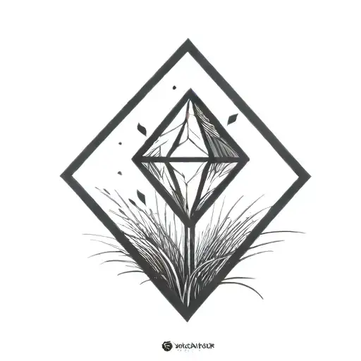 a diamond balancing on top of a single blade of grass using bold black lines in a bold black frame tattoo design idea