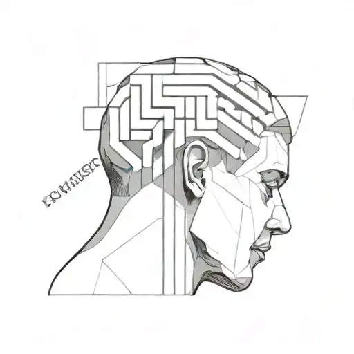 a human head laying back on a pillow with geometric shapes like a maze coming out of the top of his head tattoo design idea