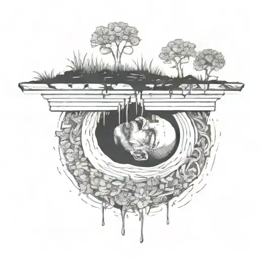 a head poking out of a grave, being covered in soil from above, with flowers growing out of the top, circular design tattoo design idea