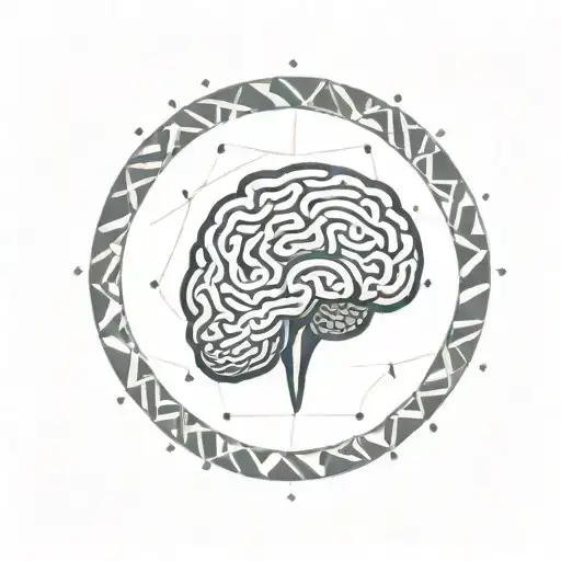 a brain inside a circular frame with geometric patterns shooting from it tattoo design idea