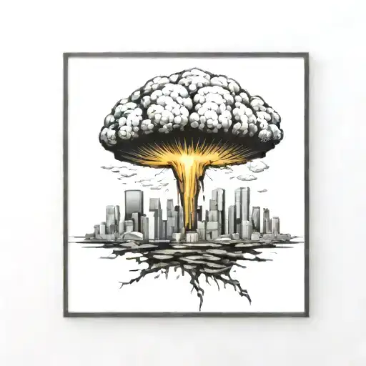 a nuclear explosion mushroom cloud destroying a city in a rectangular picture frame hanging on a wall tattoo design idea