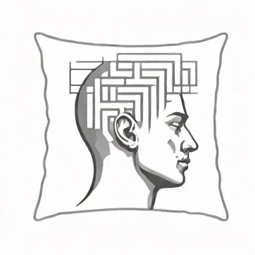 a human head laying back on a pillow with geometric shapes like a maze coming out of the top of his head tattoo design idea