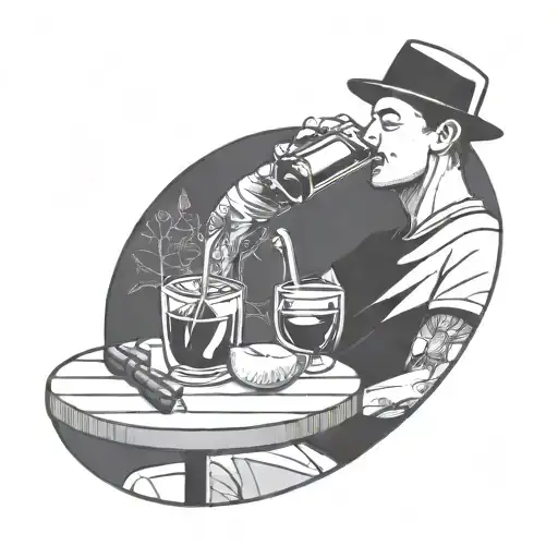 a very simple line illustration of a close up person drinking sangria in a park tattoo design idea