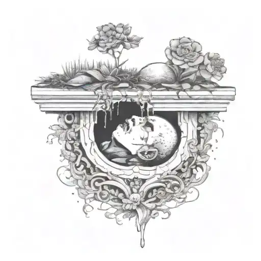 a head poking out of a grave, being covered in soil from above, with flowers growing out of the top tattoo design idea