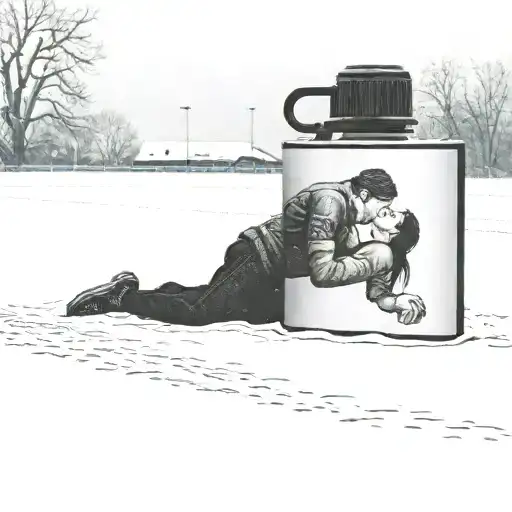 a snow covered soccer pitch with a thermos flask stuck in the snow. a picture of a man kissing a woman on the flask tattoo design idea