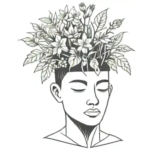 head poking out of a plant pot with soil on top of the head and flowers growing out of it. using thick black lines. tattoo design idea