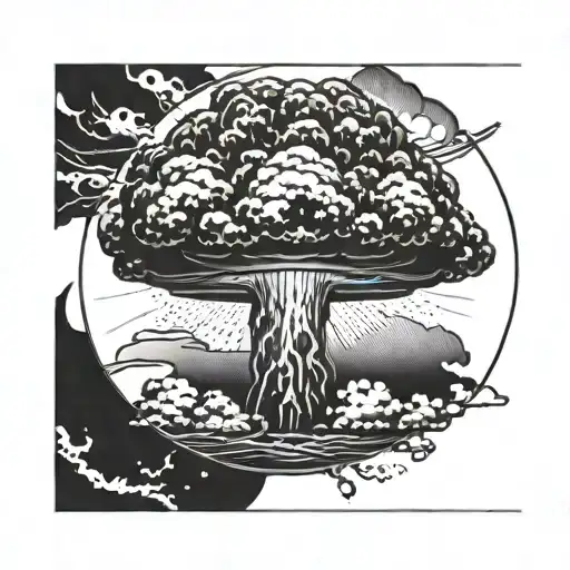 a nuclear explosion mushroom cloud contained within a perfect black circle tattoo design idea