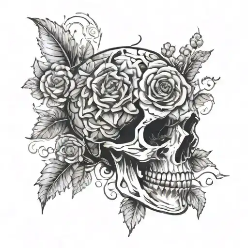 a brain in a human skull opening up and flourishing like a flower  tattoo design idea