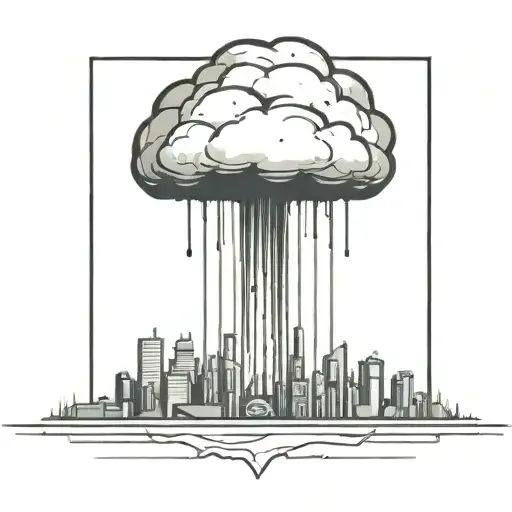 an abstract nuclear explosion mushroom cloud destroying a major city in an abstract black line frame tattoo design idea