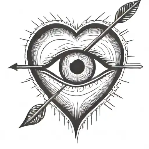 an eyeball with an arrow shooting through it encapsulated in a heart shape black and white tattoo design idea
