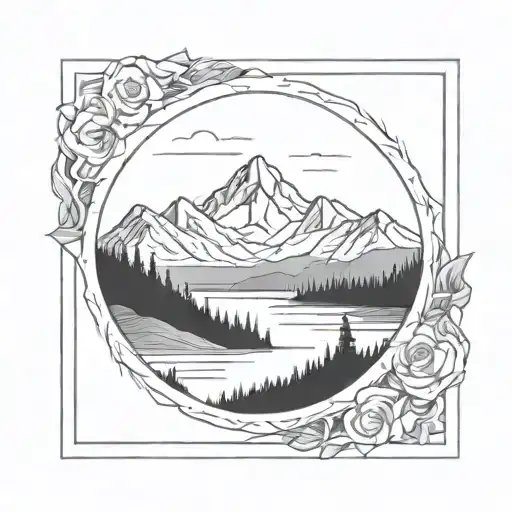 a mountainscape in a thick picture frame  tattoo design idea
