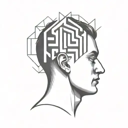 a human head laying back on a pillow with geometric shapes like a maze coming out of the top of his head tattoo design idea