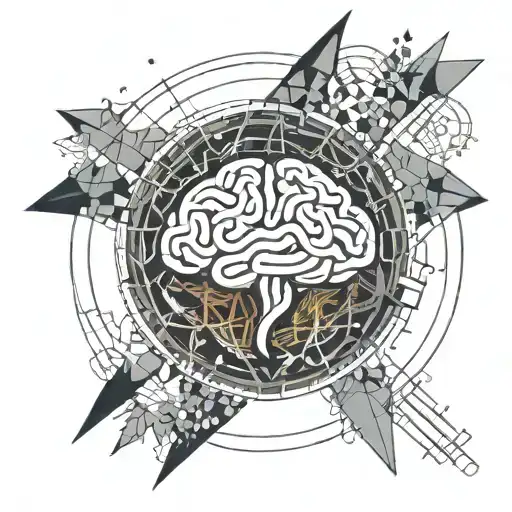 a brain inside a circular frame with geometric patterns shooting from it tattoo design idea