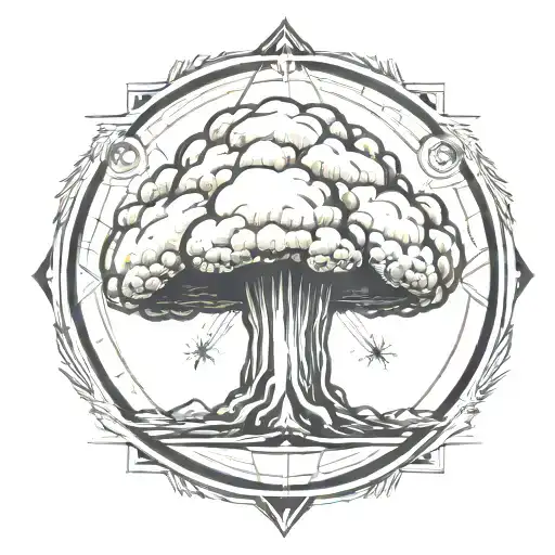 mushroom cloud from a nuclear explosion within an abstract frame but the explosion is slightly breaking out of the frame tattoo design idea