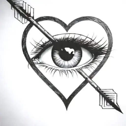 an arrow shot through a female eye encapuslated in a heart tattoo design idea