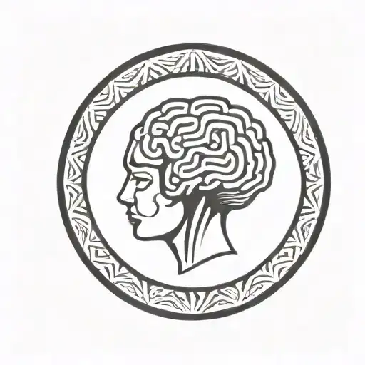 a brain inside a simple thick black line circular frame with geometric patterns shooting from it tattoo design idea