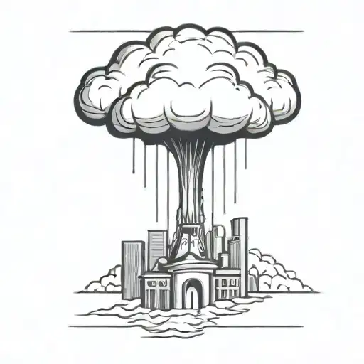 an abstract nuclear explosion mushroom cloud destroying a major city in an abstract black line frame tattoo design idea