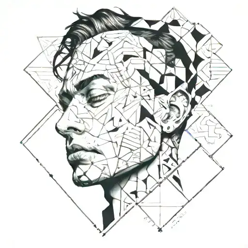 a close up of a face laying back on a sofa, with intricate geometic patterns emerging through his head tattoo design idea