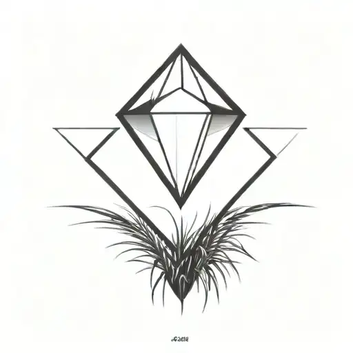 a diamond balancing on top of a single blade of grass using bold black lines in a bold black frame tattoo design idea