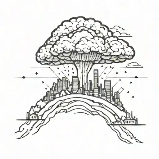 a nuclear explosion mushroom cloud destroying a city using bold black lines and geometric shapes tattoo design idea