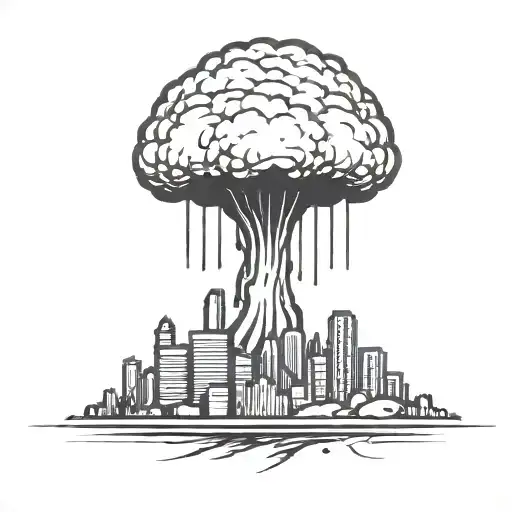 an abstract nuclear explosion mushroom cloud destroying a major city in an abstract black line frame tattoo design idea