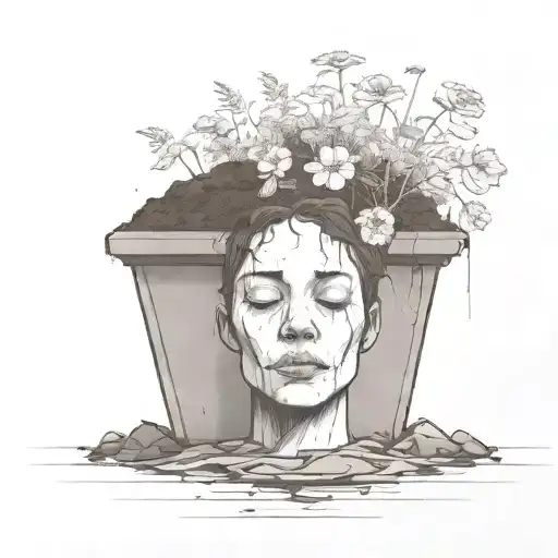 a head poking out of the soil of a muddy grave with soil on top of the head and flowers growing out of the top tattoo design idea