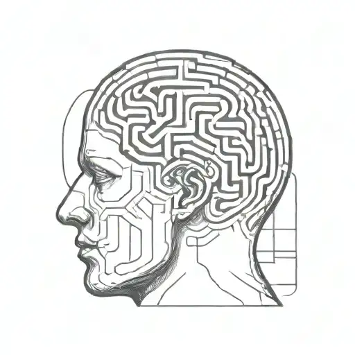 a drawing of a human head depicting the brain as an elaborate maze with minimalist lines offshooting from the brain tattoo design idea