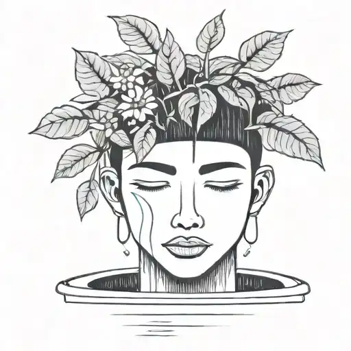 head poking out of a plant pot with soil on top of the head and flowers growing out of it. using thick black lines. tattoo design idea