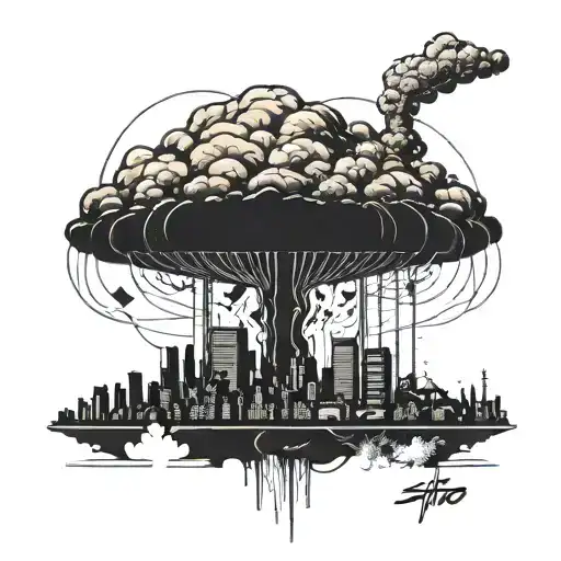 a nuclear explosion mushroom cloud destroying a city using bold black lines and geometric shapes tattoo design idea