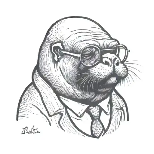 walrus wearing john lennon style circular glasses  tattoo design idea