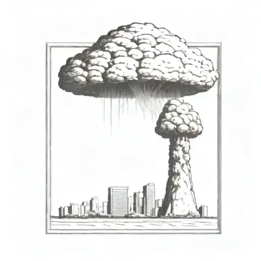 a nuclear explosion mushroom cloud destroying a city in a rectangular picture frame hanging on a wall tattoo design idea